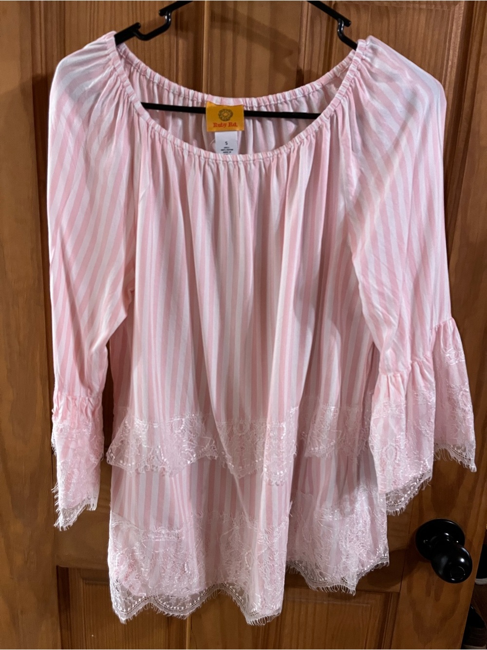 Ruby Rd. Pink & White Stripe Lace-Trim Peasant Tunic Size Small